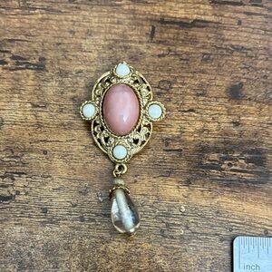 1928 Gold Brooch with Pink Stone and White Accents
